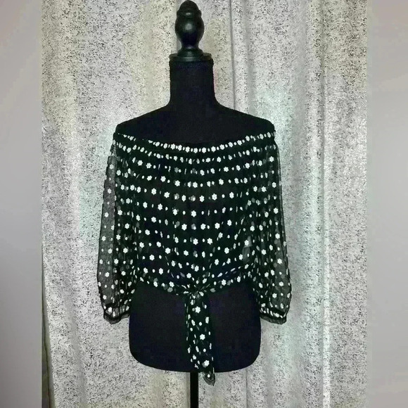 Never worn black stretchy mesh with embroidered white flowers peasant top. - Picture 2 of 2